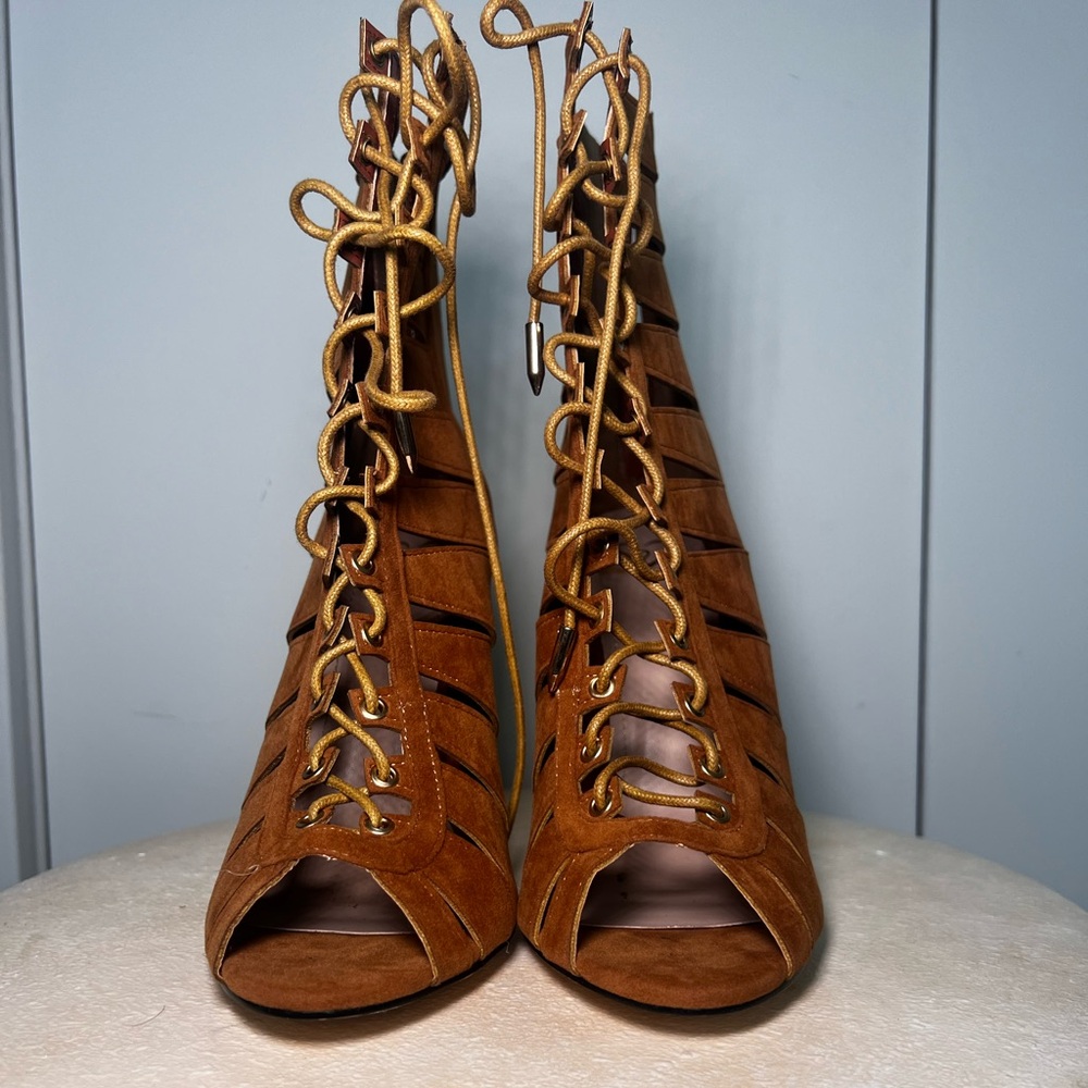 Tan tie up booties with cage details